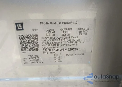 2021 Chevrolet Traverse Fwd Premier from USA, damaged, VIN 1GNERKKW8MJ202875